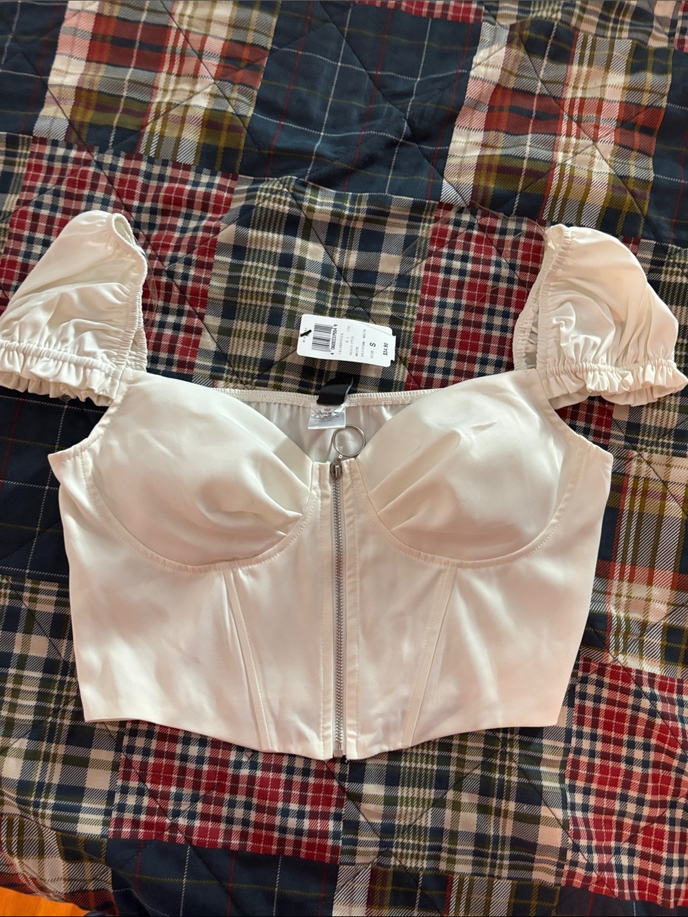 Cream Satin Zip-Front Bustier Top